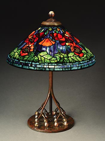 LOT #2254: IMPORTANT TIFFANY STUDIOS POPPY LEADED GLASS TABLE LAMP.